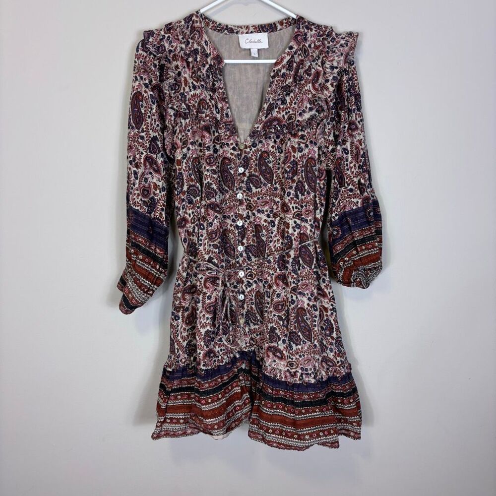 Cleobella Red, Pink, and Blue Paisley Print Henley Long Sleeve Dress Medium